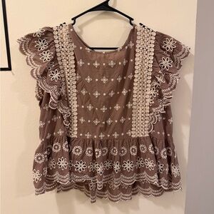 Chic Embroidered Ruffle Blouse in Brown